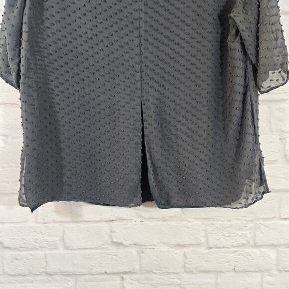 M Beyond Vintage Gray Women's Silk Top Size M Swiss Dot Sheer Sleeves Slit Back - Picture 9 of 11